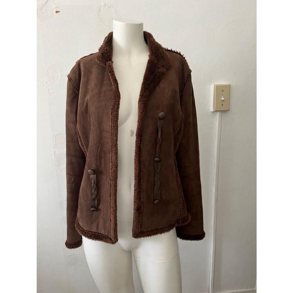 Anne Klein Suede leather Jacket Sz 4 Brown Faux Sherpa Winter Outdoors Staples
